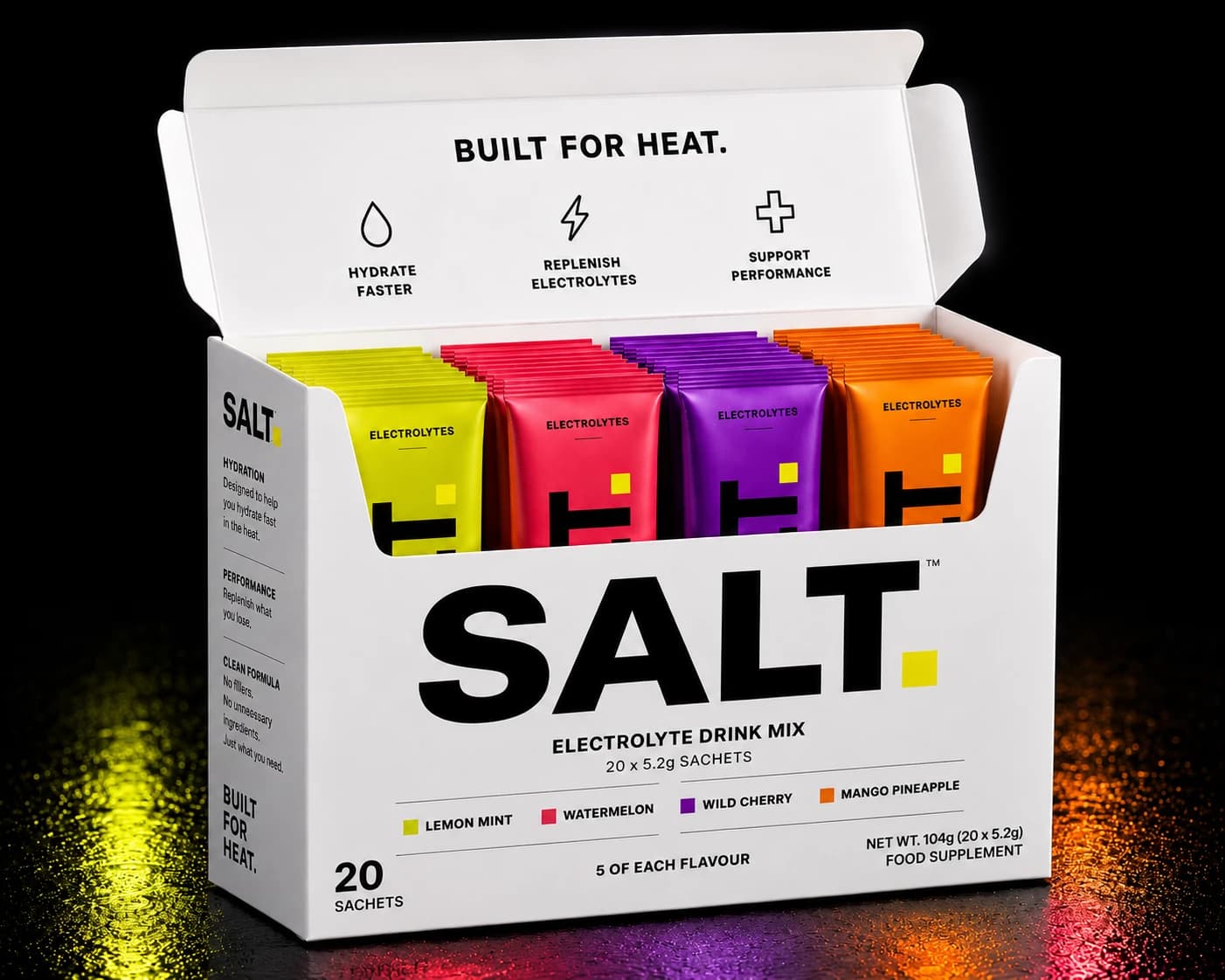 SOLT Variety Box — 20 single-serve sachets, five of each of the four flavours.