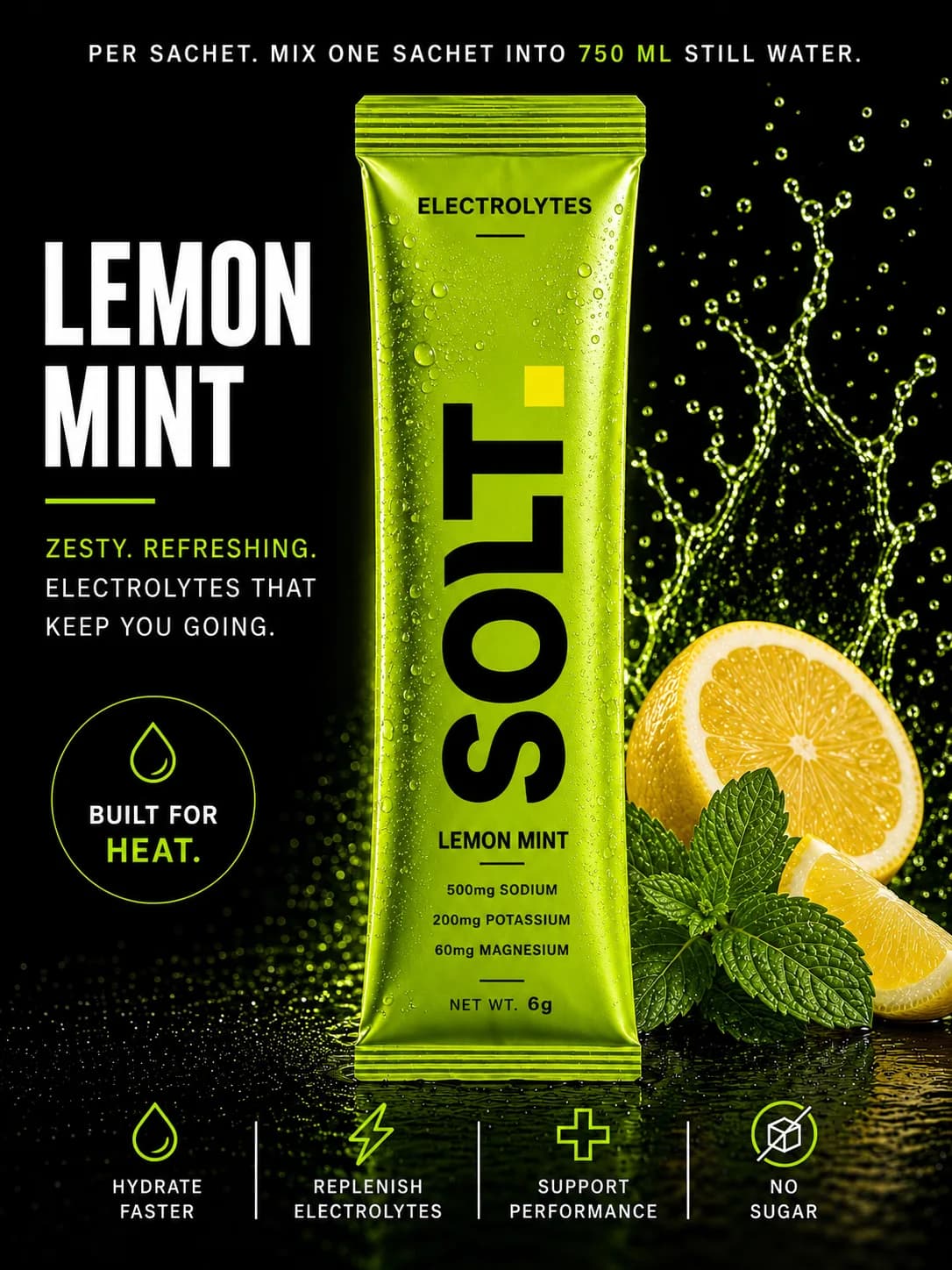 SOLT Lemon Mint, Zesty. Cooling. Built for heat.