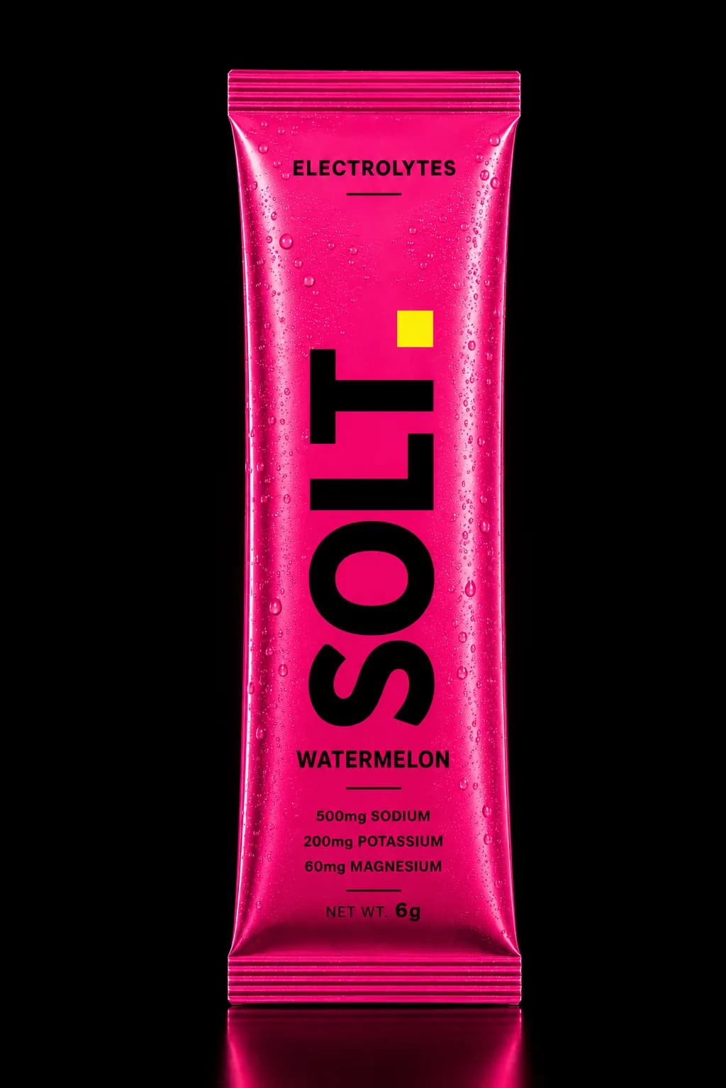 SOLT Watermelon sachet, vivid magenta-pink pack on a dark stage. Real Himalayan salt, zero sugar.