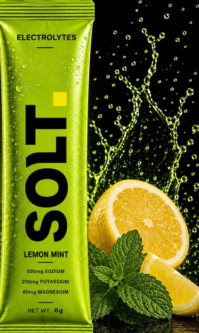 SOLT Lemon Mint sachet with a splash of water, lemon and mint.