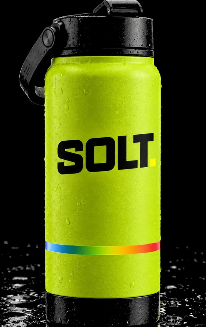 The SOLT insulated tumbler range, Lemon Mint, Watermelon, Wild Cherry, Mango Pineapple and Onyx, showing the colour-changing external heat strip.